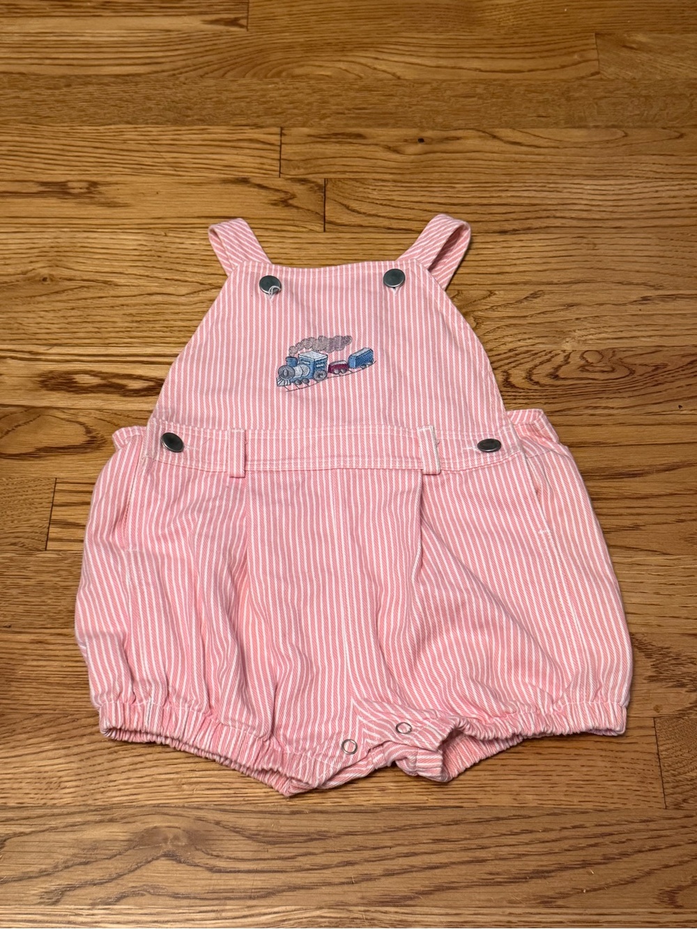 Pink Striped Baby Overalls Romper with Train Embroidery